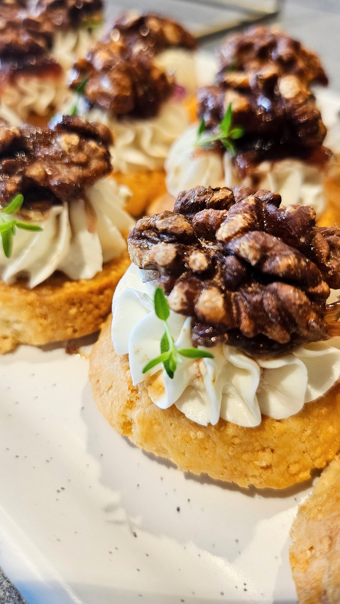 Ožkos sūrio kremo užkandis su karamelizuotais svogūnais ant kietojo sūrio sausainėlio (VEGETARIAN)