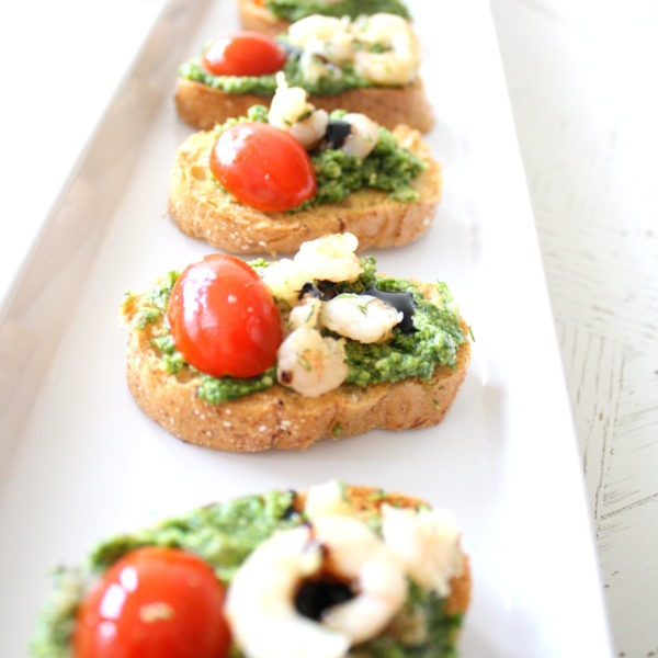 Rukolos pesto ir krevetės užkandis